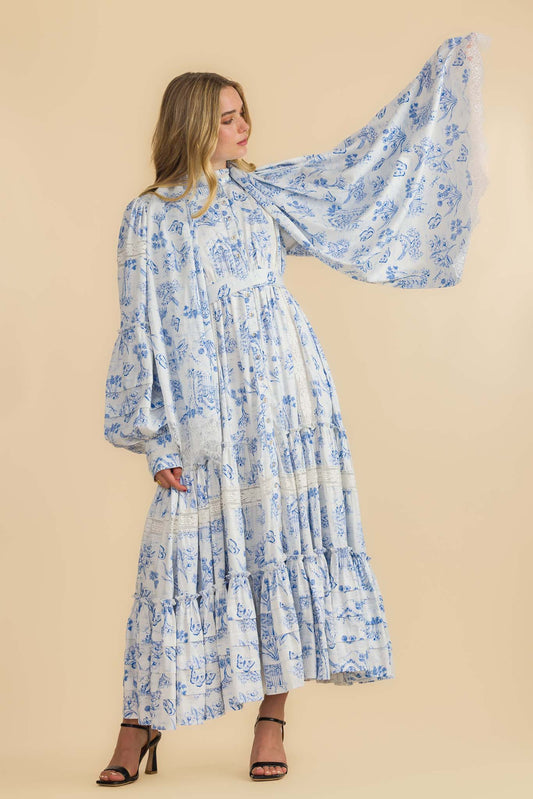 Model wears Zedsea blue meadow gate maxi dress